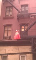 Red dress and fire escape (west of Union Square)